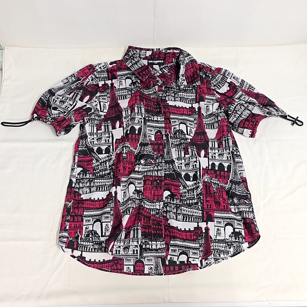 Karl Lagerfeld Paris Blouse Women S Red Paris City Landmark Short Slv Button Up